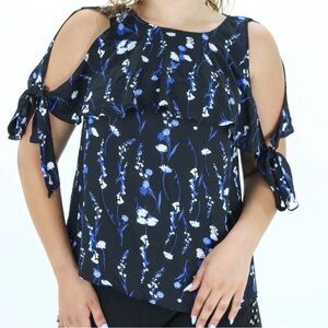 Worthington | Black Floral Cold-Shoulder Blouse with Blue & White Print